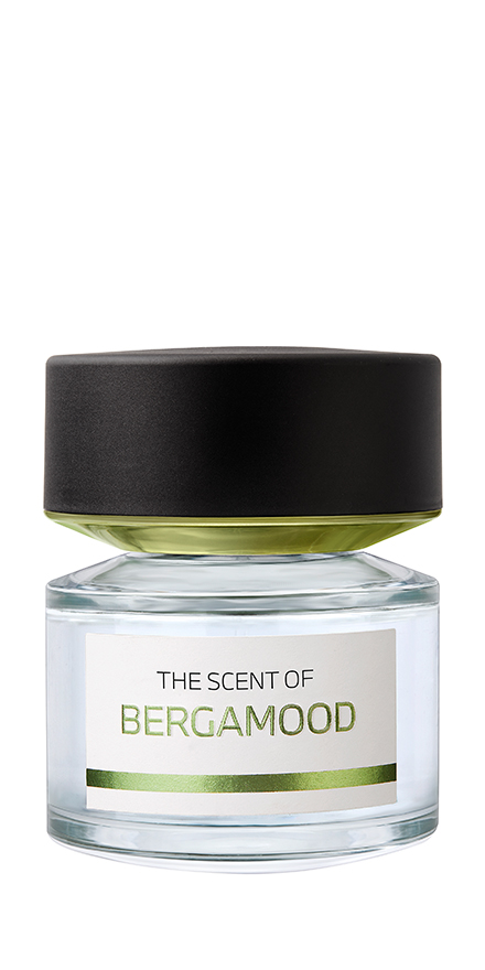 bmw-nobilis-group-packshots-880x440-BERGAMOOD - BERGERAT | WE MAKE BEAUTY PERFORM Perfume bottle with a black cap and pale green liquid, label reads 'The Scent of Bergamood' in green text