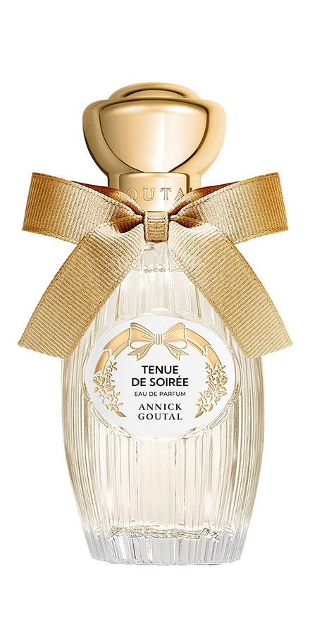 goutal-nobilis-group-packshots-880x440-TENUE-DE-SOIRÉE - BERGERAT | WE MAKE BEAUTY PERFORM Elegant perfume bottle with a gold cap and beige ribbon, labeled Tenue de Soirée by Annick Goutal on a white background (product photo)