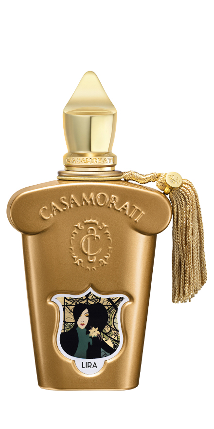 casamorati-nobilis-group-packshots-880x440-b5 - BERGERAT | WE MAKE BEAUTY PERFORM Gold Casamorati perfume bottle with pointed cap and decorative tassel, label shows Lira artwork.