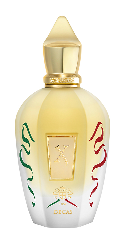 xerjoff-nobilis-group-packshots-880x440-DECAS - BERGERAT | WE MAKE BEAUTY PERFORM Xerjoff Decas perfume bottle with a gold cap, ivory gradient body, and green and red decorative scrolls on the sides.