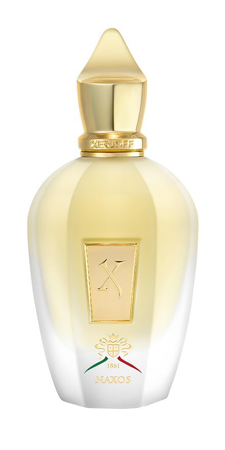 xerjoff-nobilis-group-packshots-880x440-NAXOS - BERGERAT | WE MAKE BEAUTY PERFORM Gold and ivory perfume bottle with an ornate gold cap and crest, labeled NAXOS.
