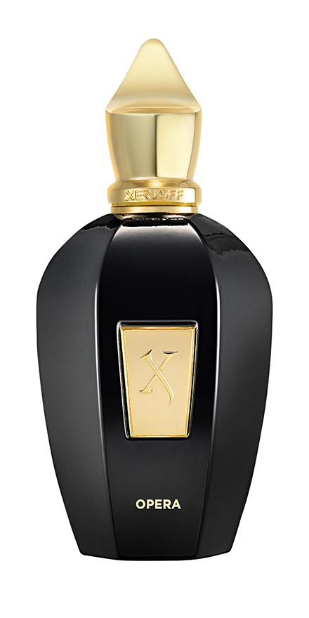 xerjoff-nobilis-group-packshots-880x440-OPERA - BERGERAT | WE MAKE BEAUTY PERFORM Black perfume bottle with a gold cap and gold plaque, labeled Opera; visible XERJOFF branding near the neck.