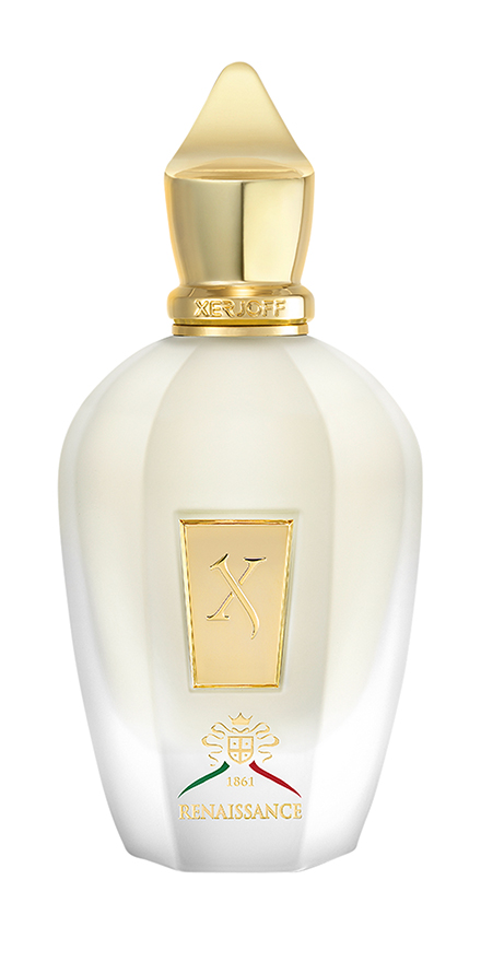xerjoff-nobilis-group-packshots-880x440-RENAISSANCE - BERGERAT | WE MAKE BEAUTY PERFORM White perfume bottle with a gold cap and crest, labeled Renaissance (est. 1861).