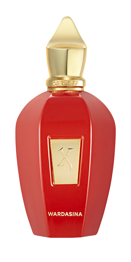 xerjoff-nobilis-group-packshots-880x440-WARDASINA - BERGERAT | WE MAKE BEAUTY PERFORM Red perfume bottle with a gold cap and gold plate featuring an X, labeled 'WARDASINA' at the base