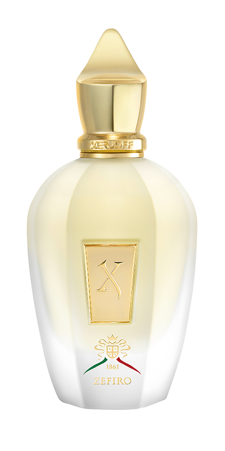xerjoff-nobilis-group-packshots-880x440-ZEFIRO - BERGERAT | WE MAKE BEAUTY PERFORM Xerjoff Zefiro perfume bottle with a gold cap and cream-white body, crest logo at the base.
